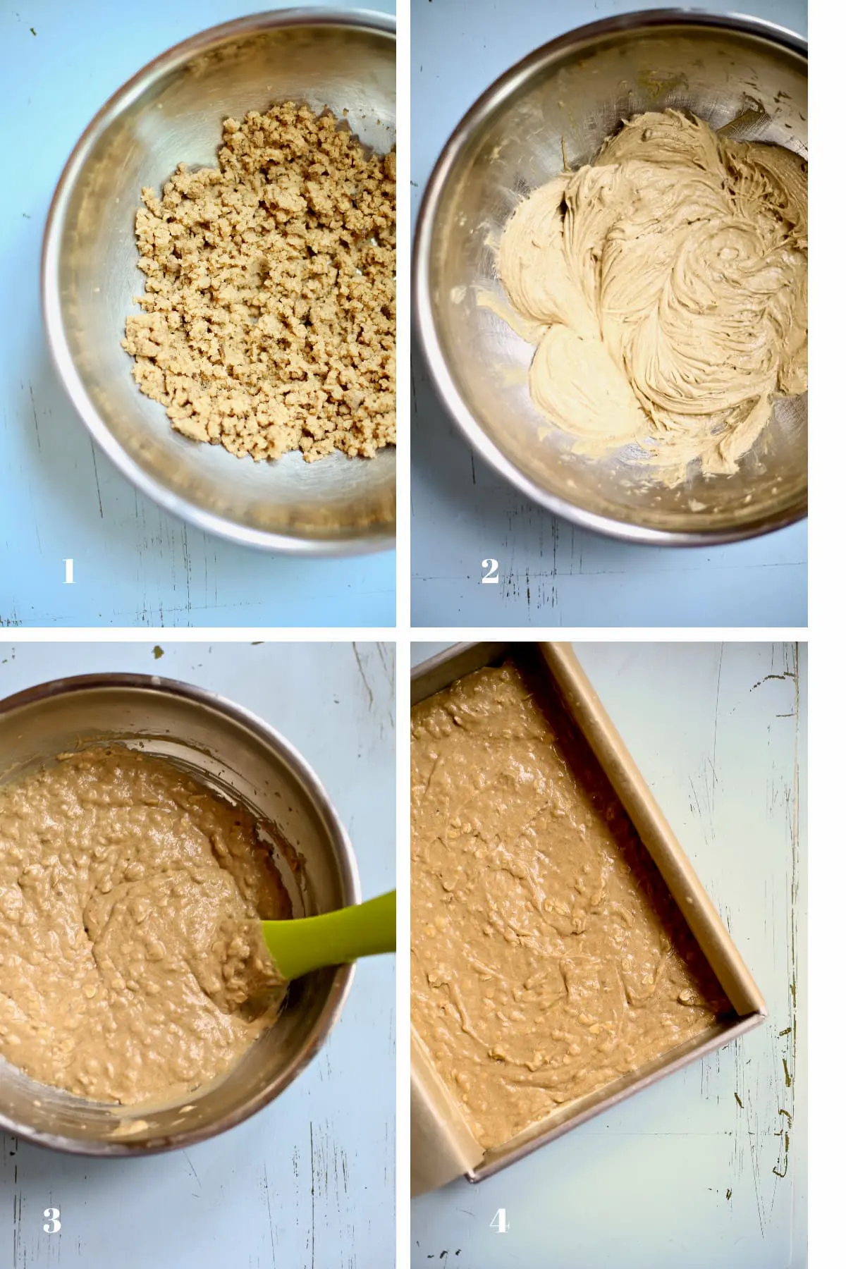 Four images of a fresh banana cake being made 