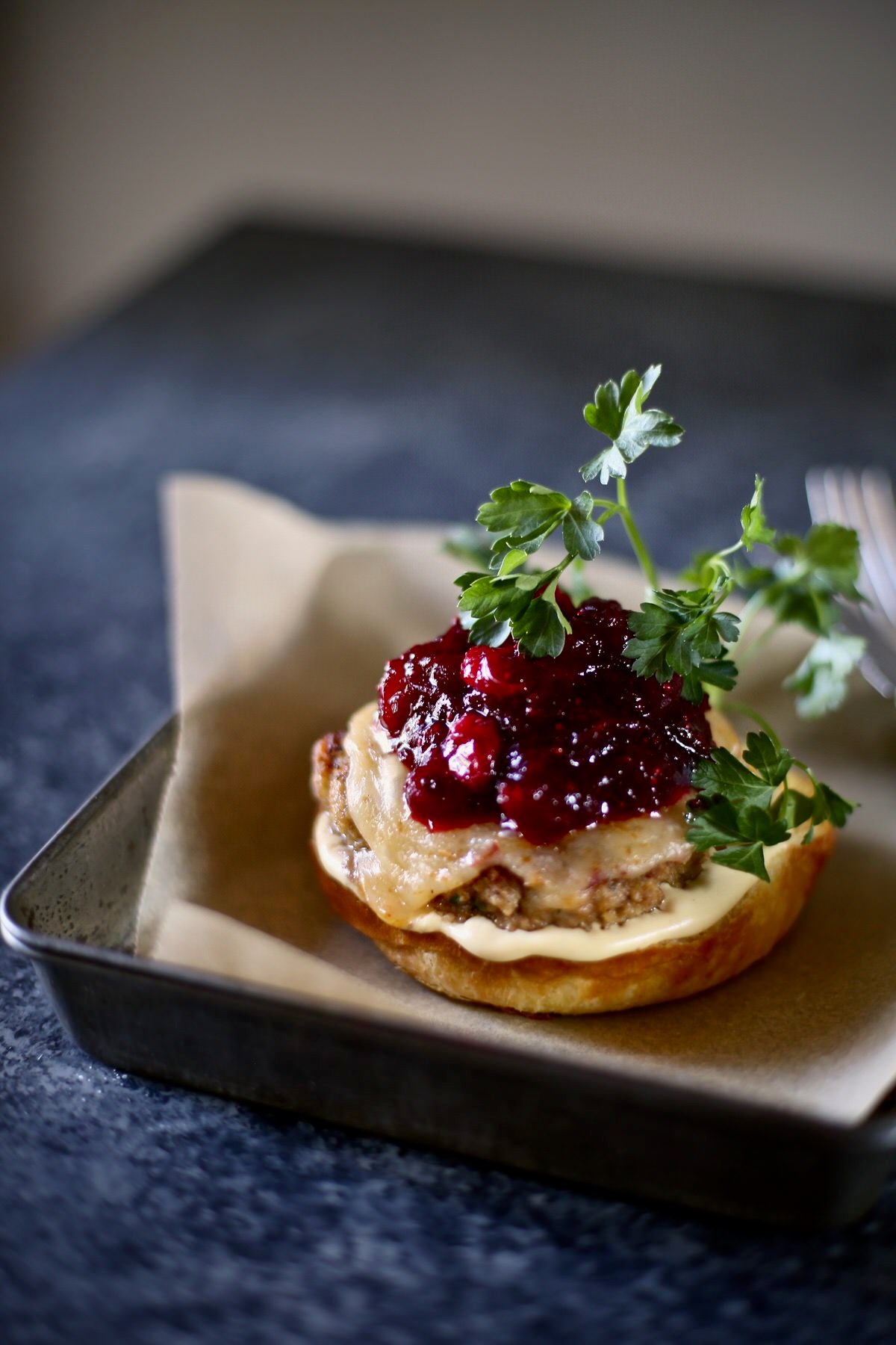 Turkey Burger on a tray with dark background