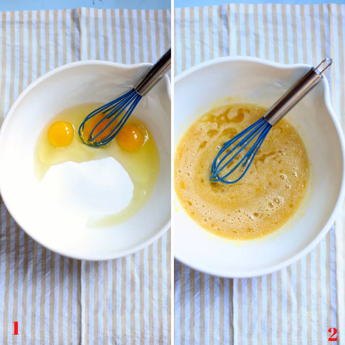 a before and after photo of eggs and sugar before and after mixing.