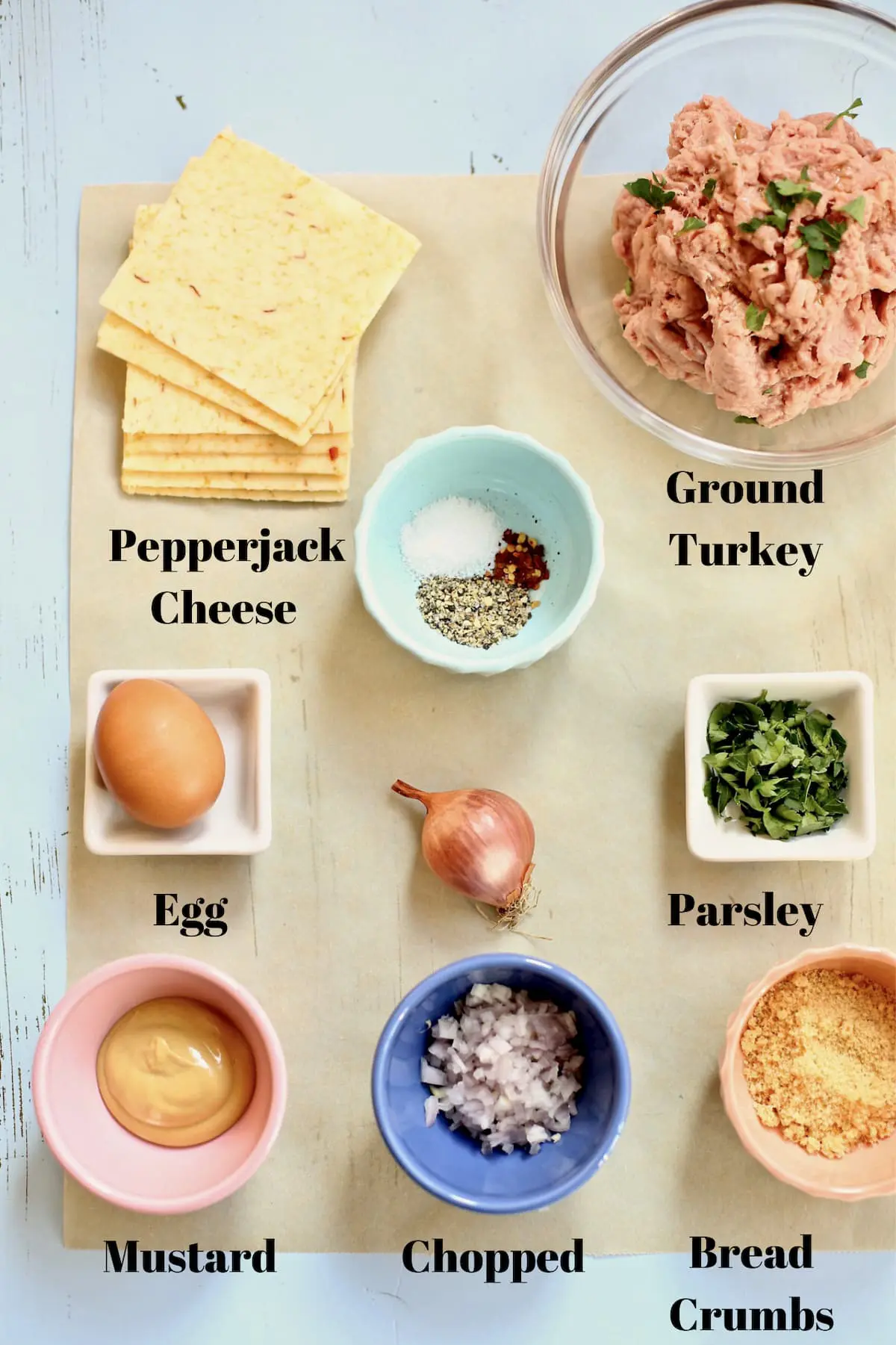 Ingredients for turkey burger with text