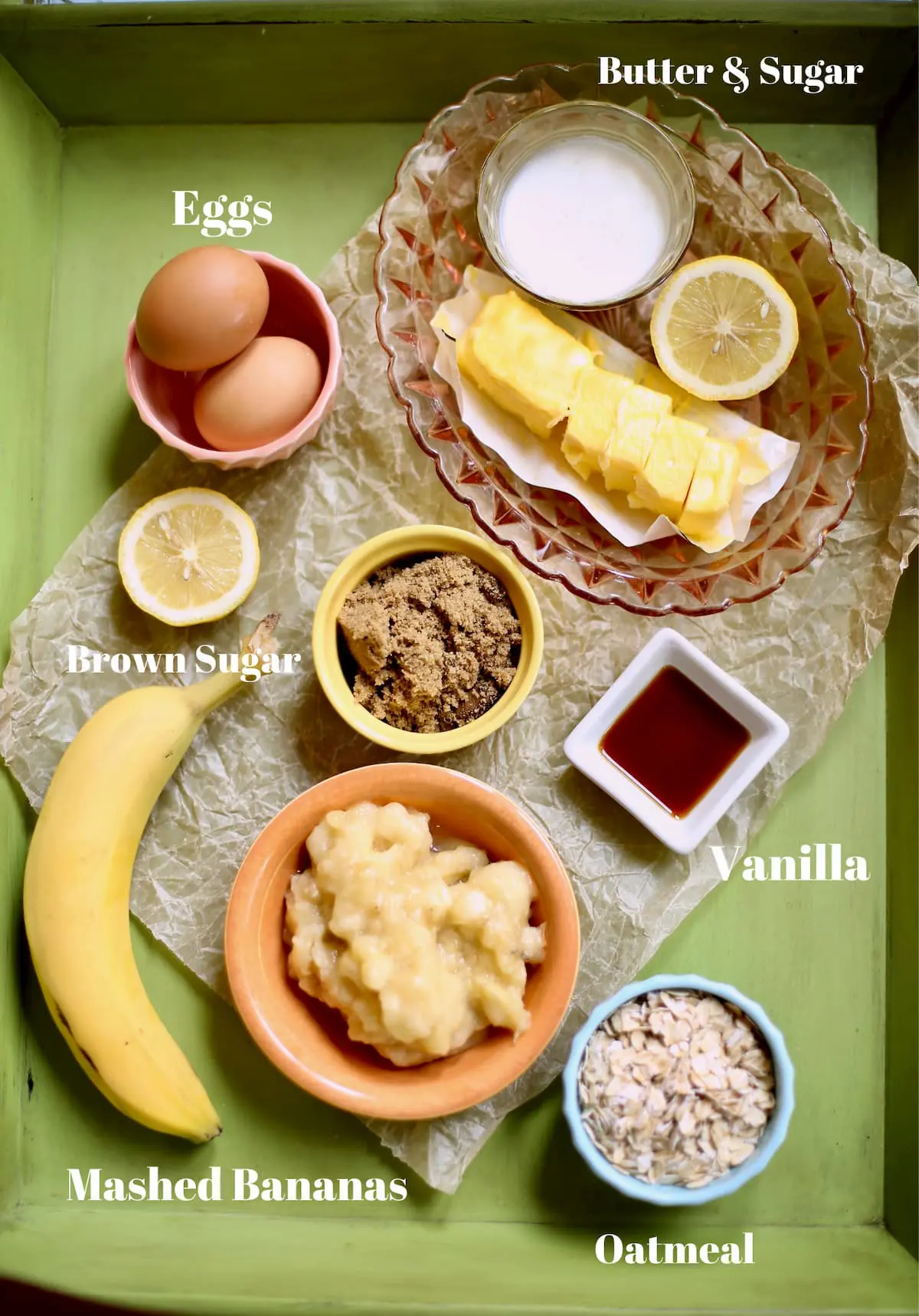 ingredients for fresh banana cake with text