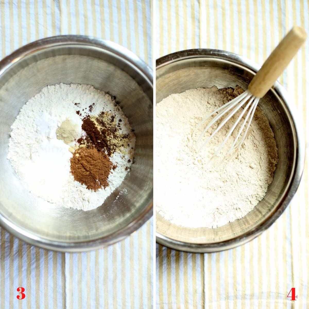 a bowl of dry ingredients for cookies before and after mixing