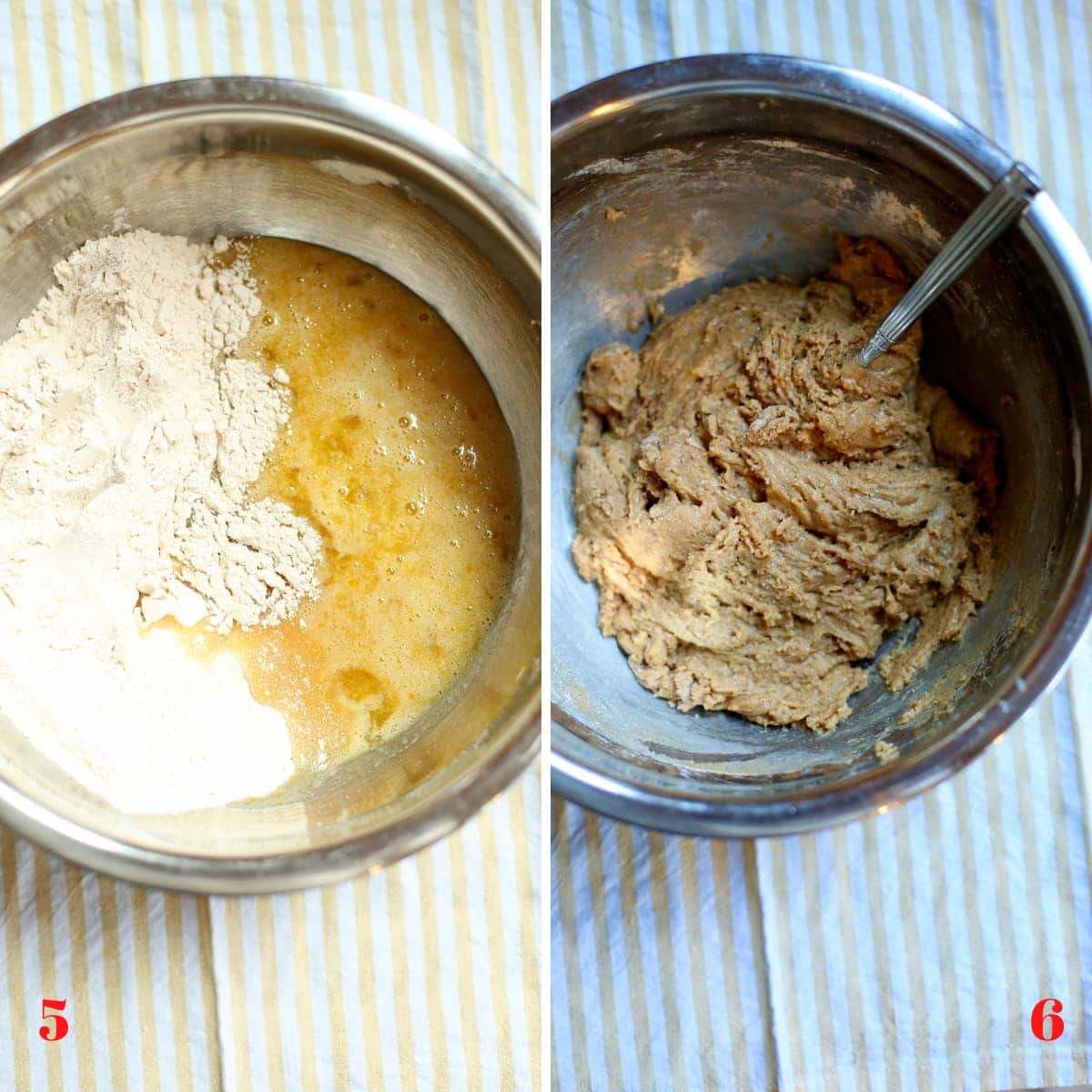 a before and after photo of ingredients in a bowl and then how they are mixed in the bowl.