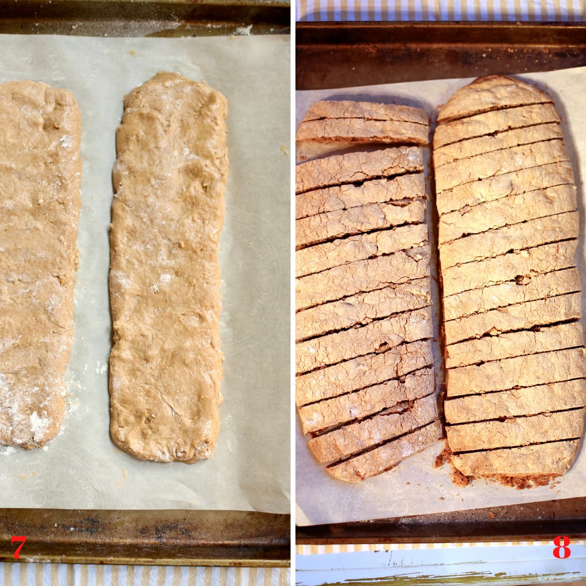 a before and after picture of biscotti unbaked and then baked and sliced on a baking sheet.