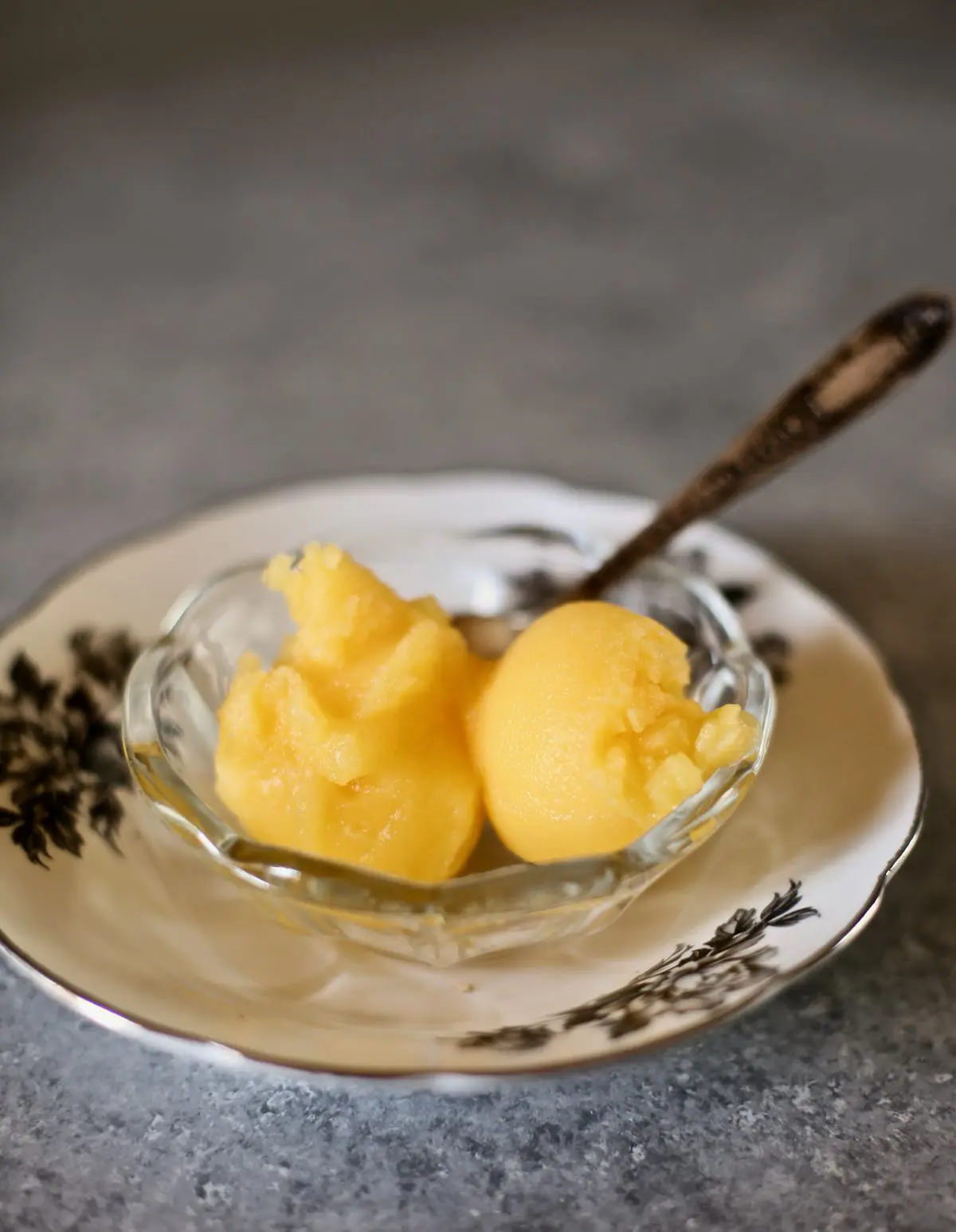 sorbet in a glass dish on a white and black plate with spoon