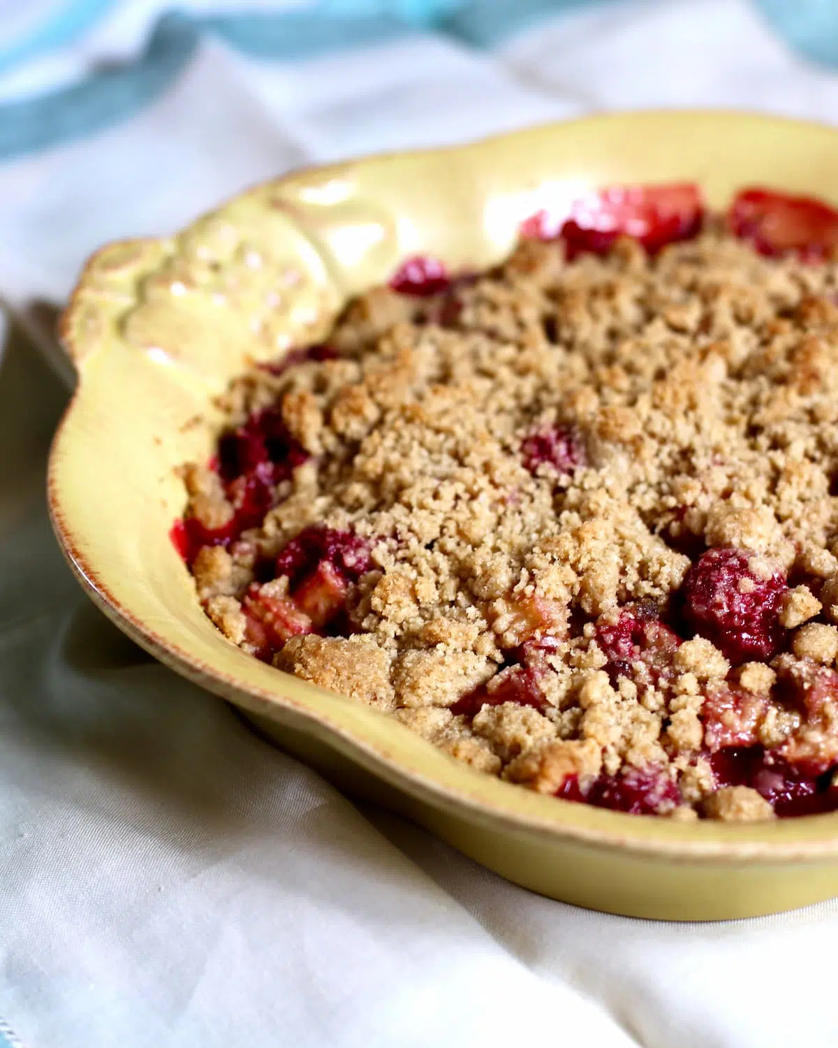 a baking dish of rhubarb crumble.