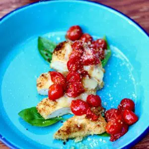 a blue skillet with chicken in it and cherry tomatoes on top>