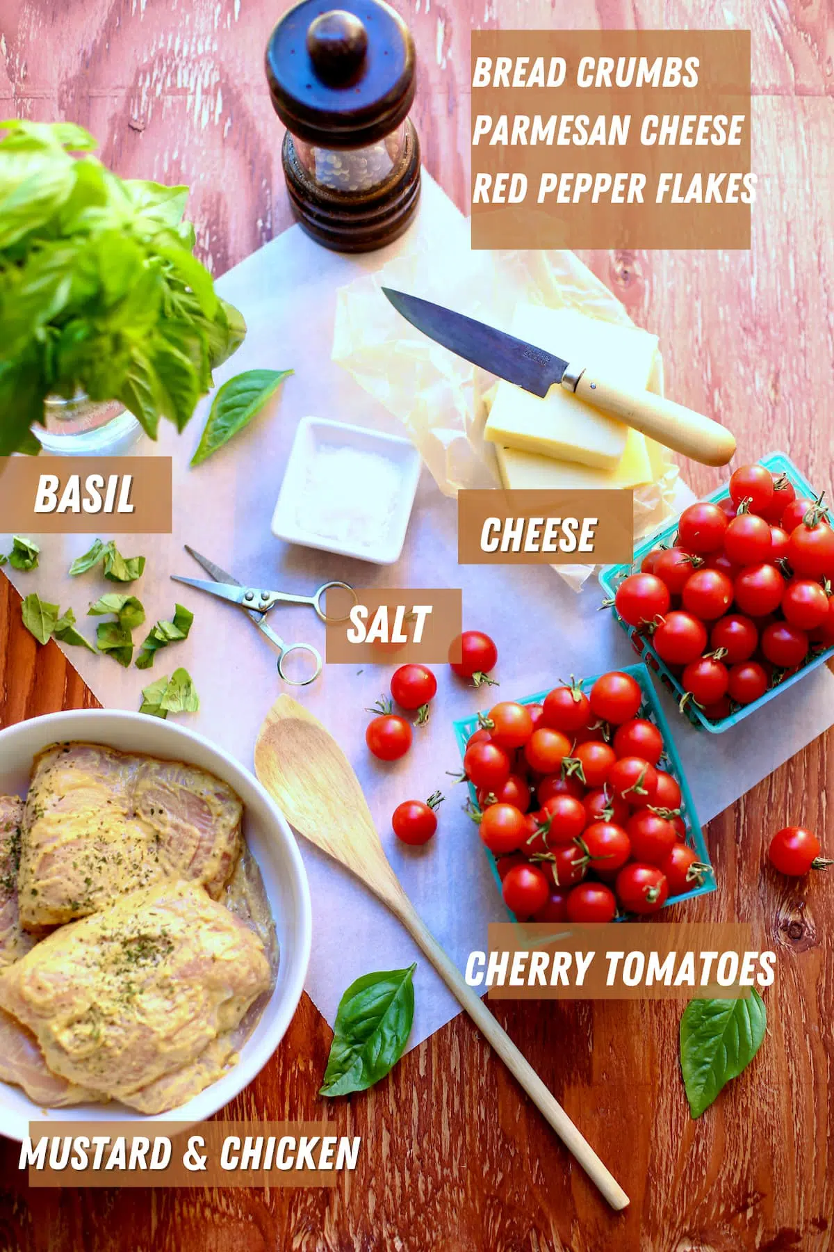 a table with ingredients that are labeled with text.