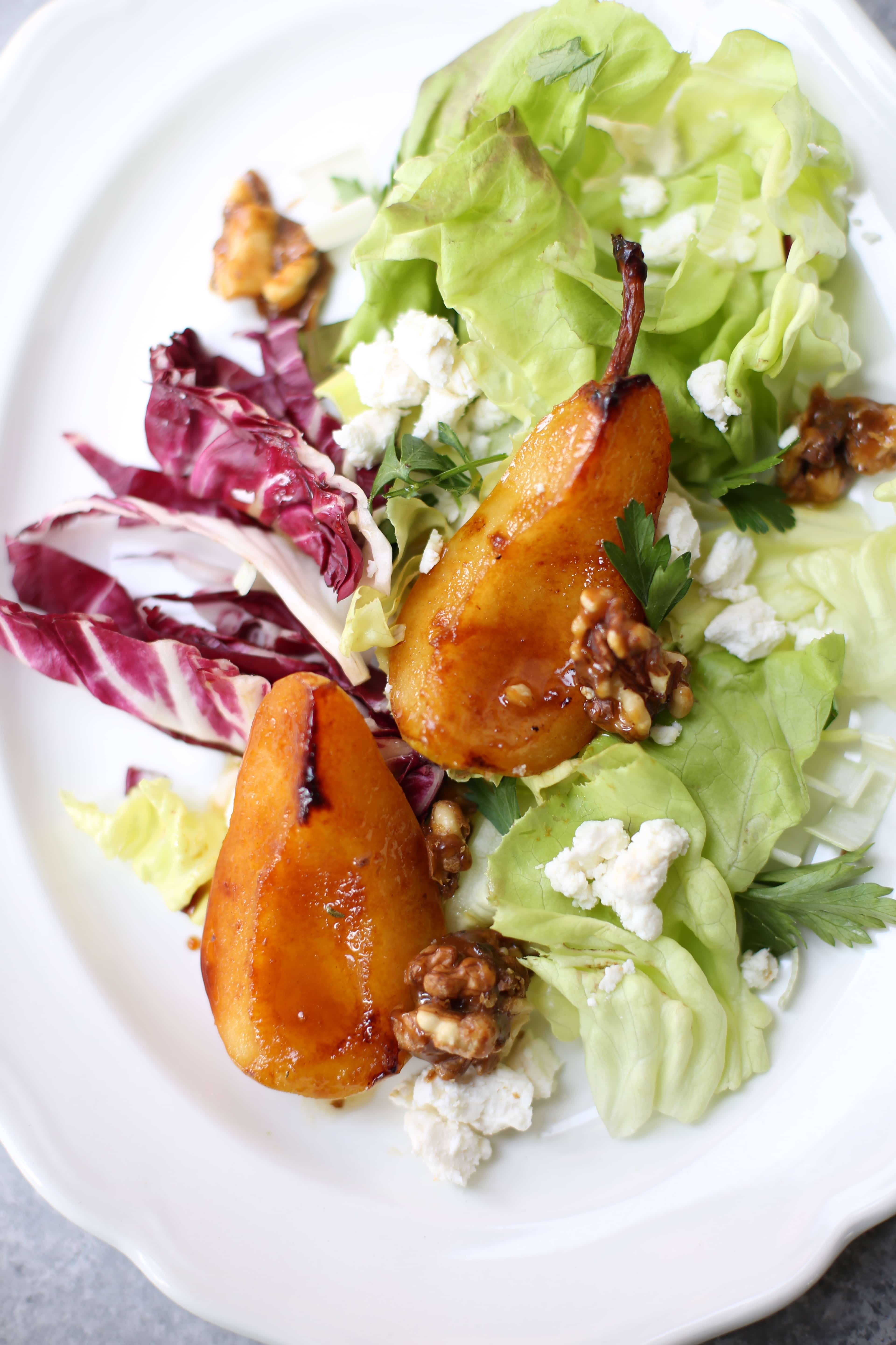 Pan Roasted Pear Salad ingredients on a white plate