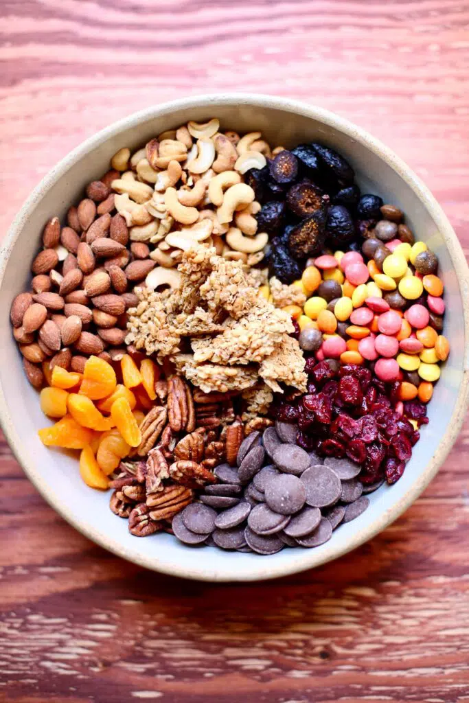 a bowl of trail mix ingredients.