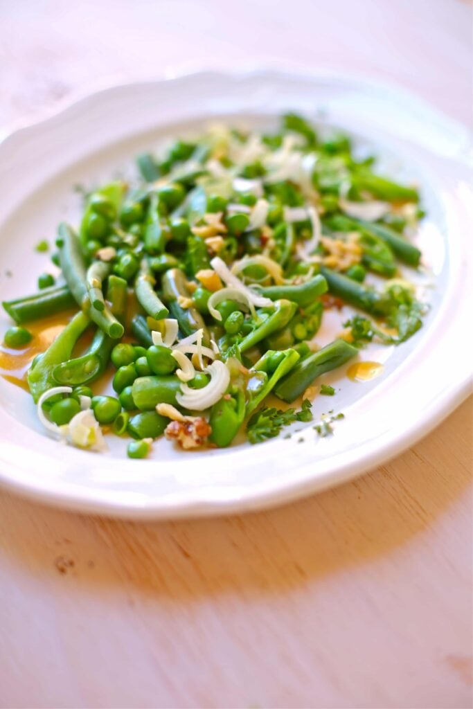 bean salad on a white platter