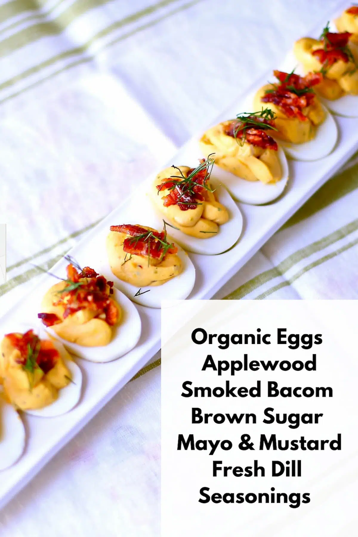 a photo of deviled eggs with a text overlay saying the ingredients for the recipe. 