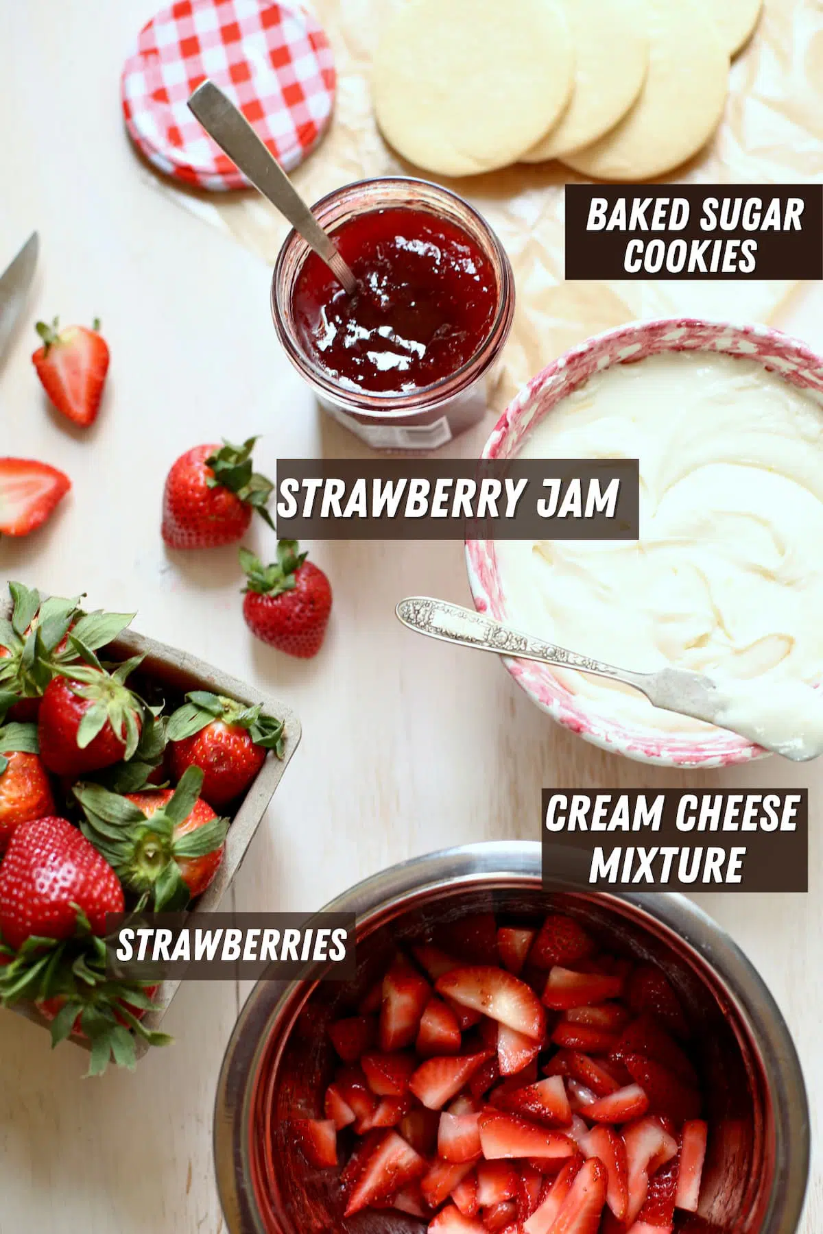 a photo of ingredients, jam, cookies cream cheese, strawberries, with text overlay saying the ingredient name.
