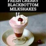 cherry milkshake on a gray plate and table with text
