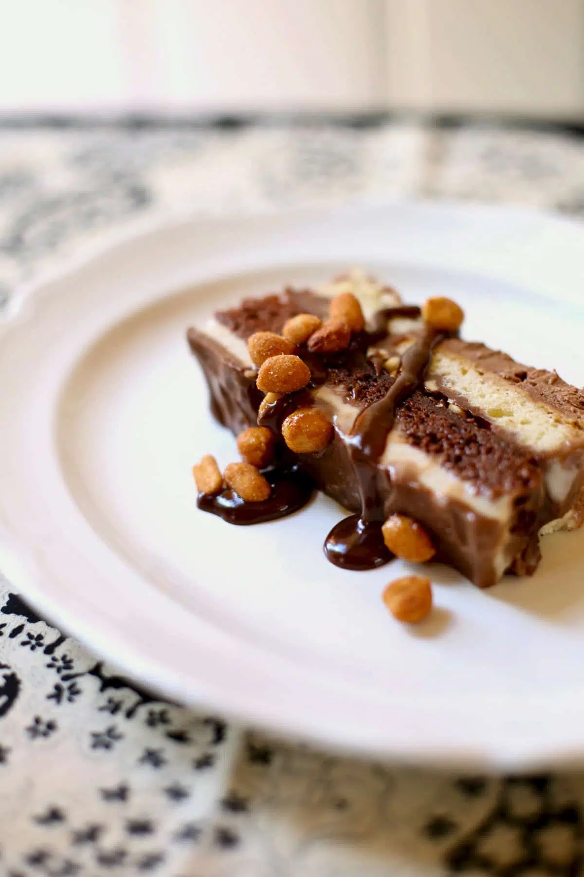 ice cream cake with peanut butter ganache on a white plate with peanuts