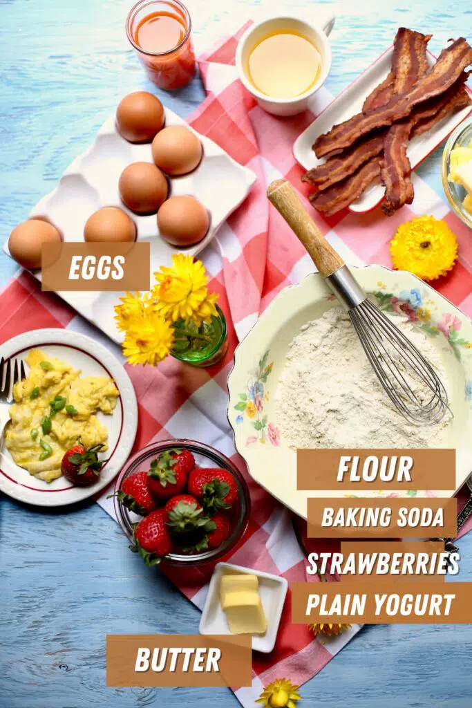 ingredients for pancakes on a table, with text overlay