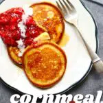a white plate with pancakes with strawberry jam on them, and a text overlay with the recipe name.