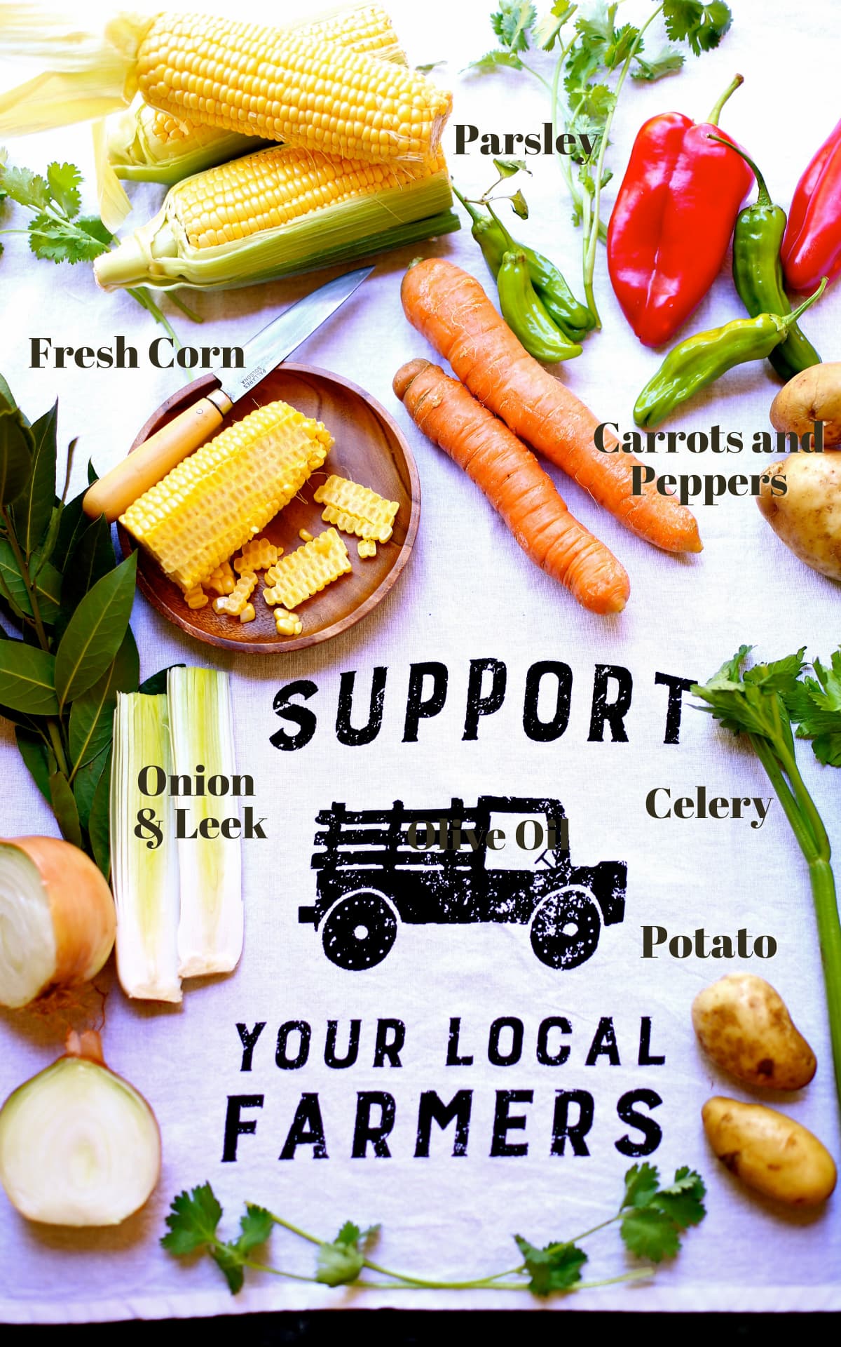 a cloth with wording on it 'support your local farmer' with some fresh vegetables and captions of what they are around it.