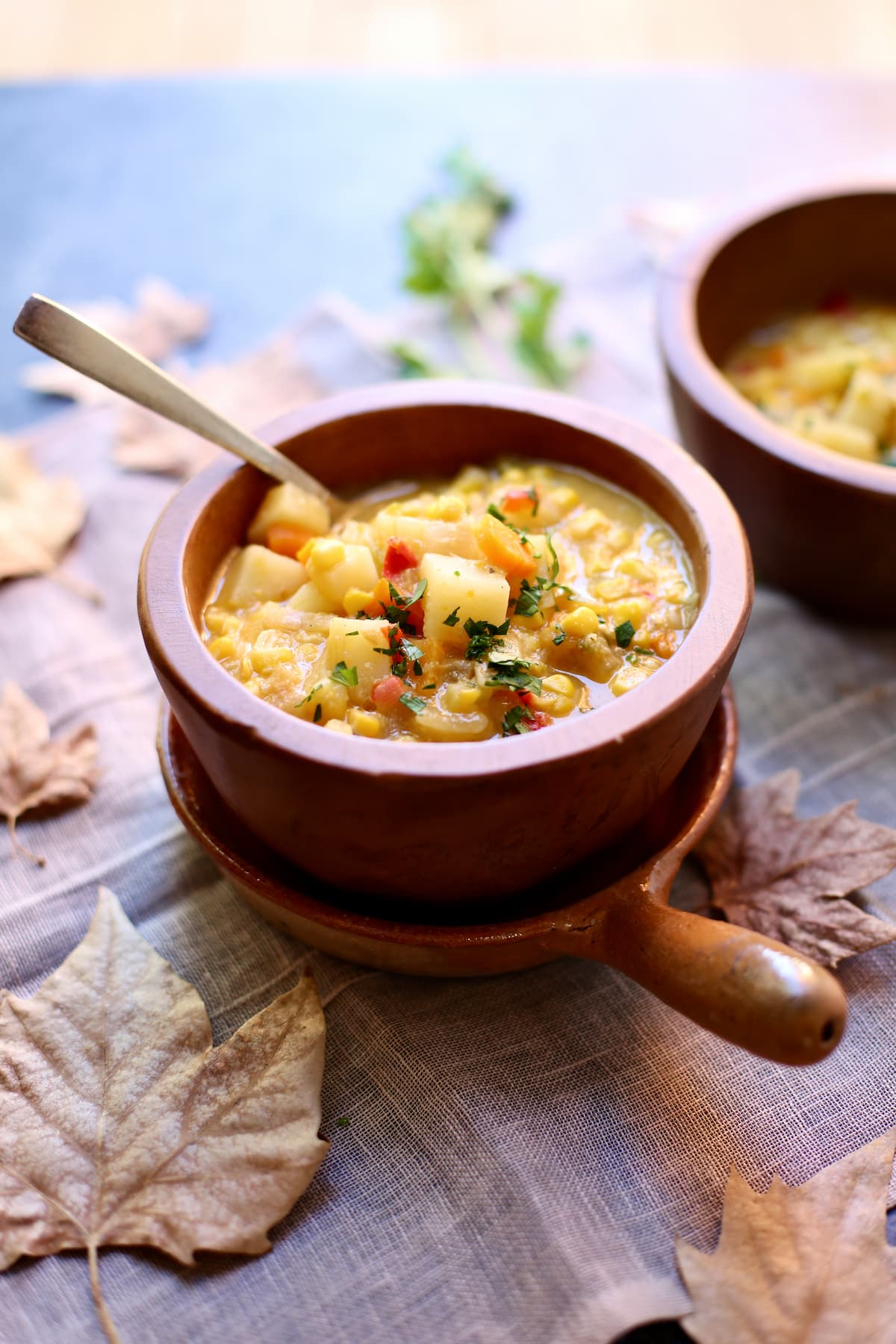 a bowl of soup on a table with a spoon in it.