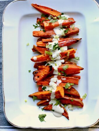Roasted Sweet Potatoes on a white platter