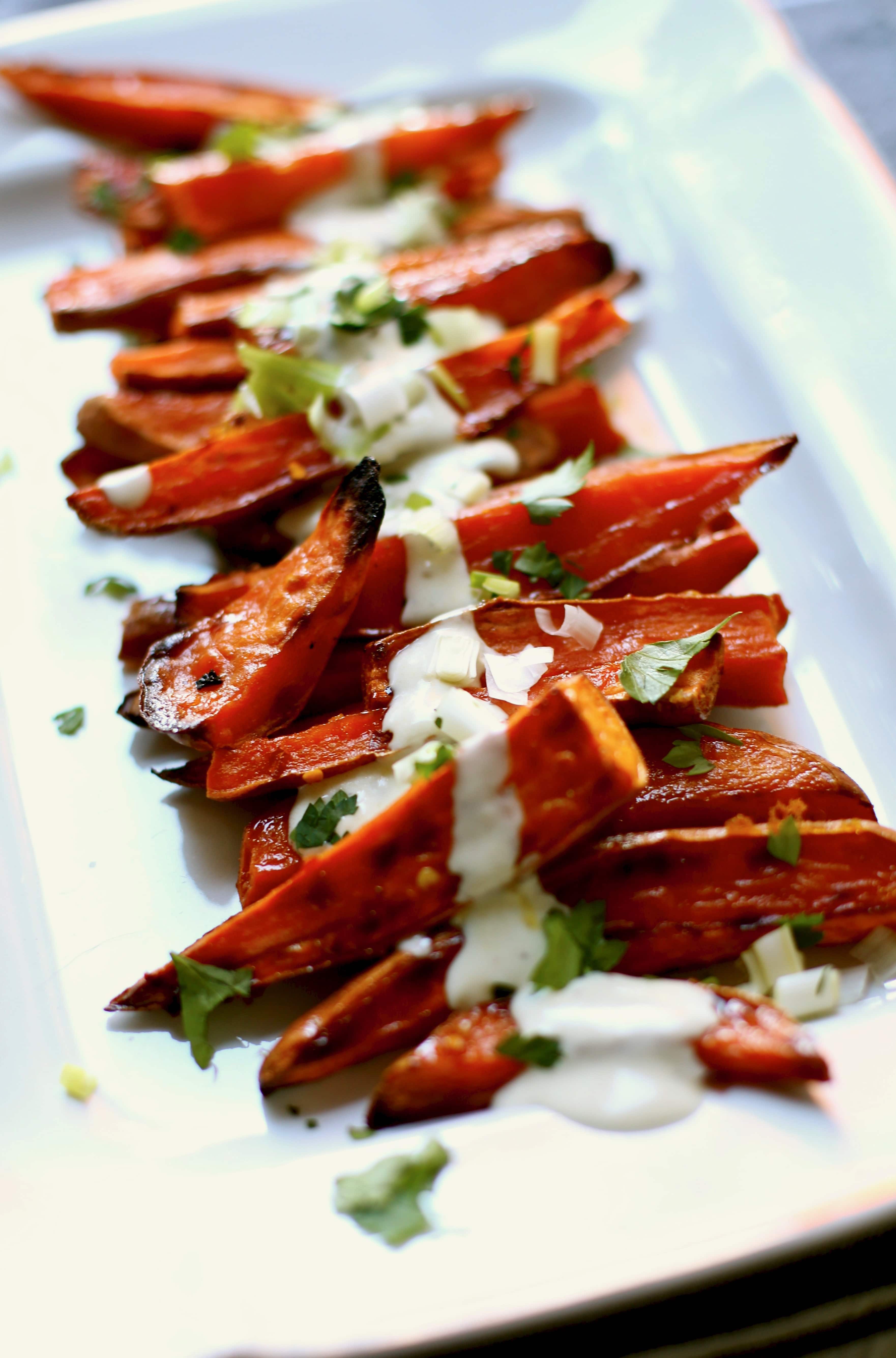 Spicy Roasted Sweet Potatoes With Yogurt Sauce Recipe - Studio Delicious