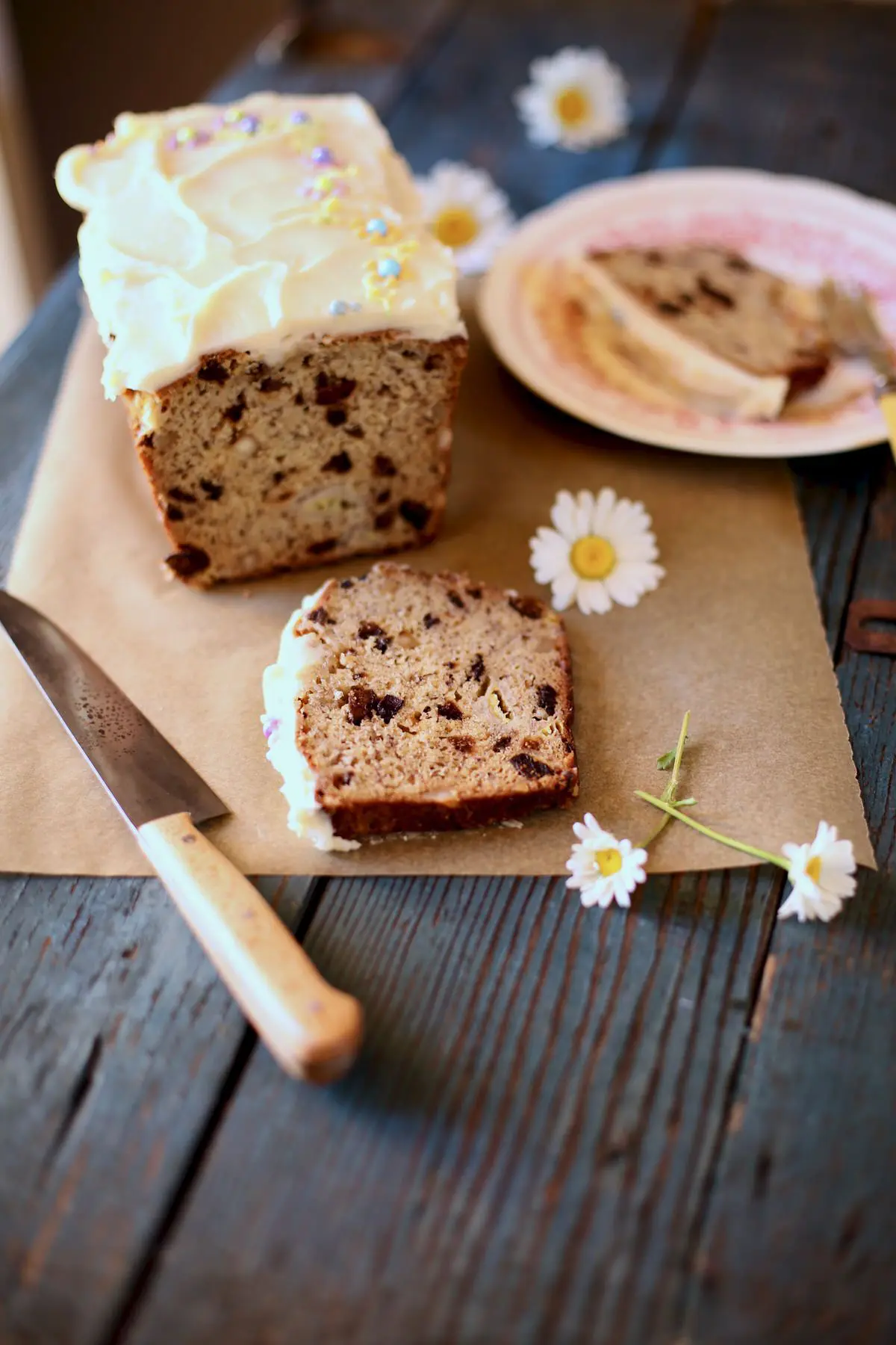 Banana Bread on a cutting table with knife