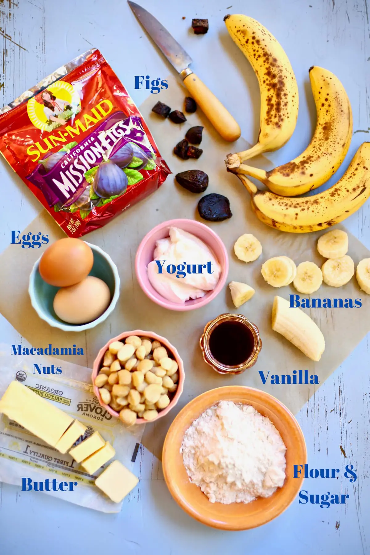 ingredients for banana bread on a table