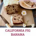 Banana bread with daisys and text, cut on a table