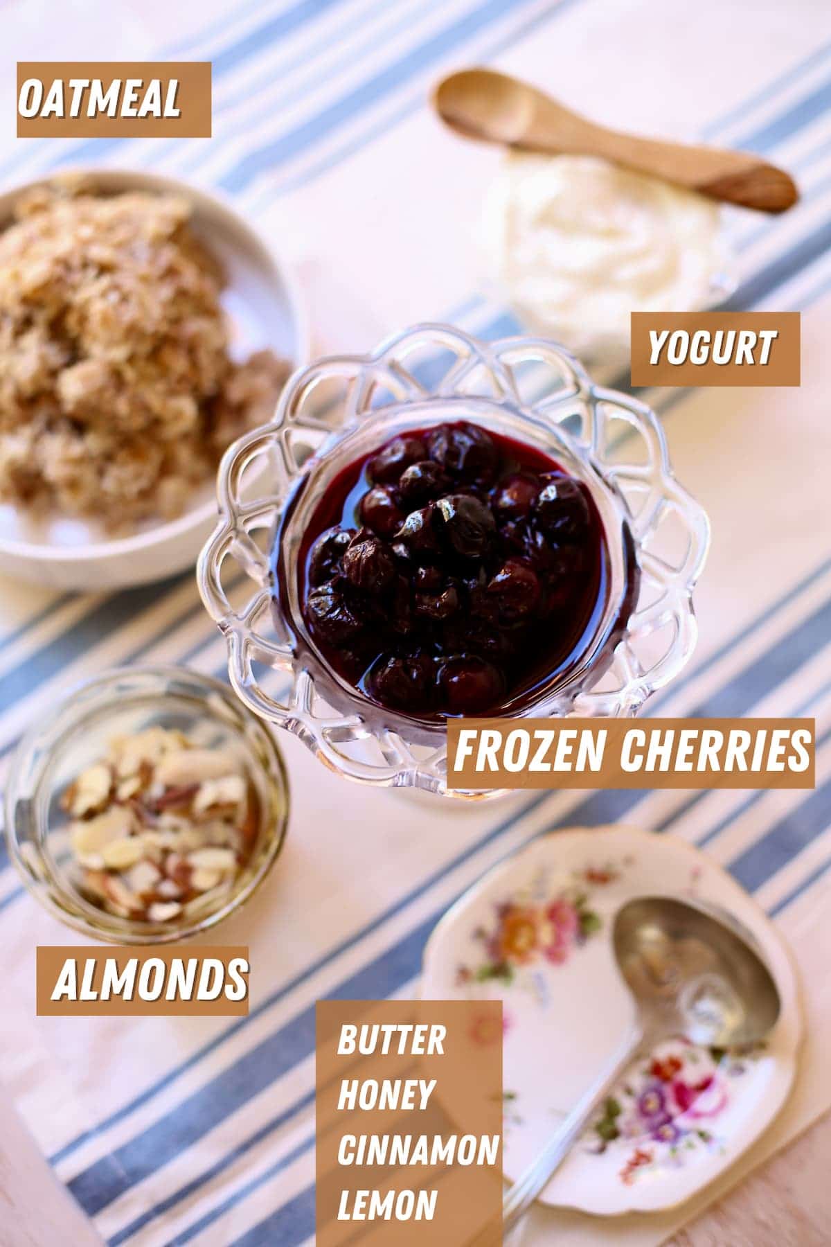 a table with ingredients that are marked with a text overlay, frozen cherries, almonds, yogurt, oatmeal.