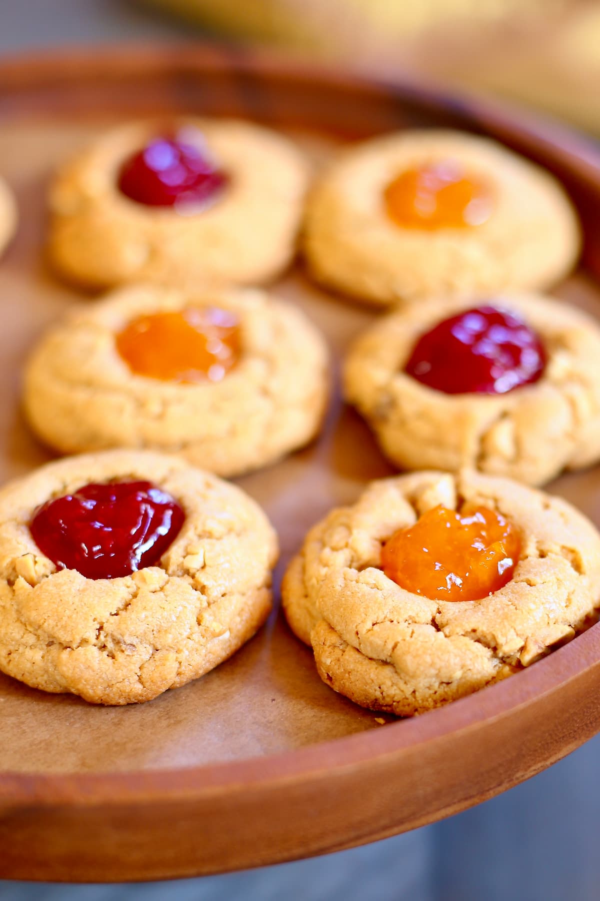 Peanut Butter and Jam Cookies a tray of jelly filled peanut butter cookies.