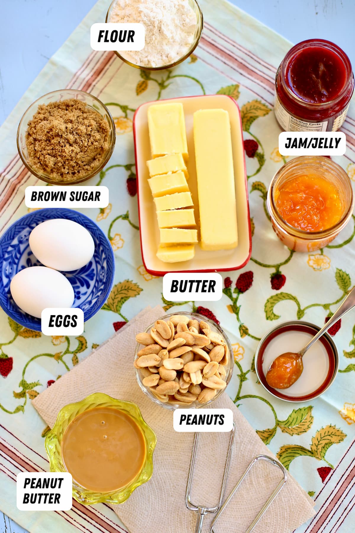 Peanut Butter and Jam Cookies a table of ingredients for cookies.