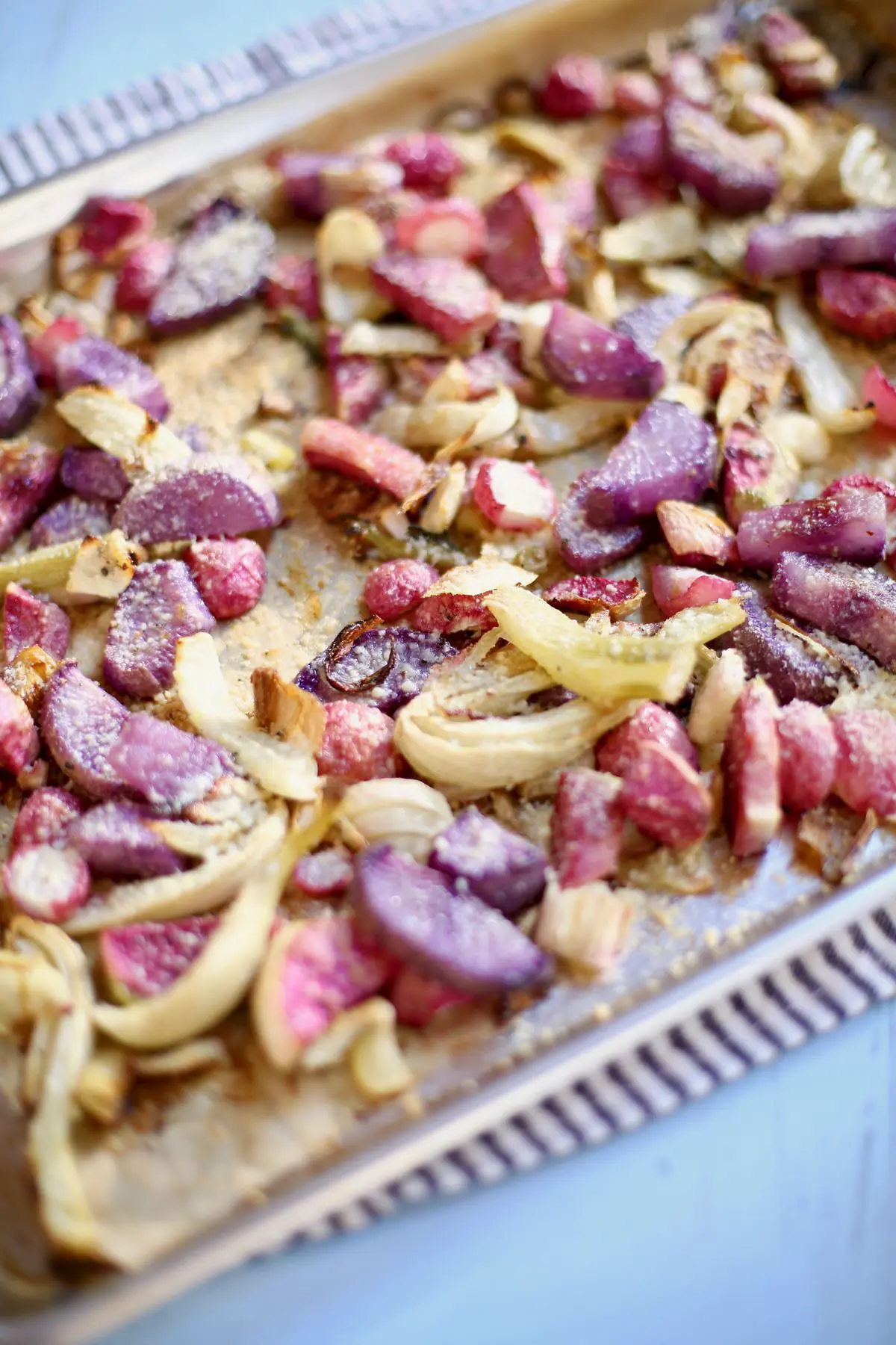 roasted vegetables on a sheet pan