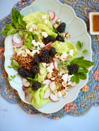 Salad with hazelnuts and blackberries goat cheese grains and radish on a long blue plate on a table