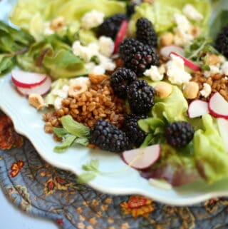 close up of blackberry salad with grains and hazelnuts and goat cheese and radish on a blue plate and table