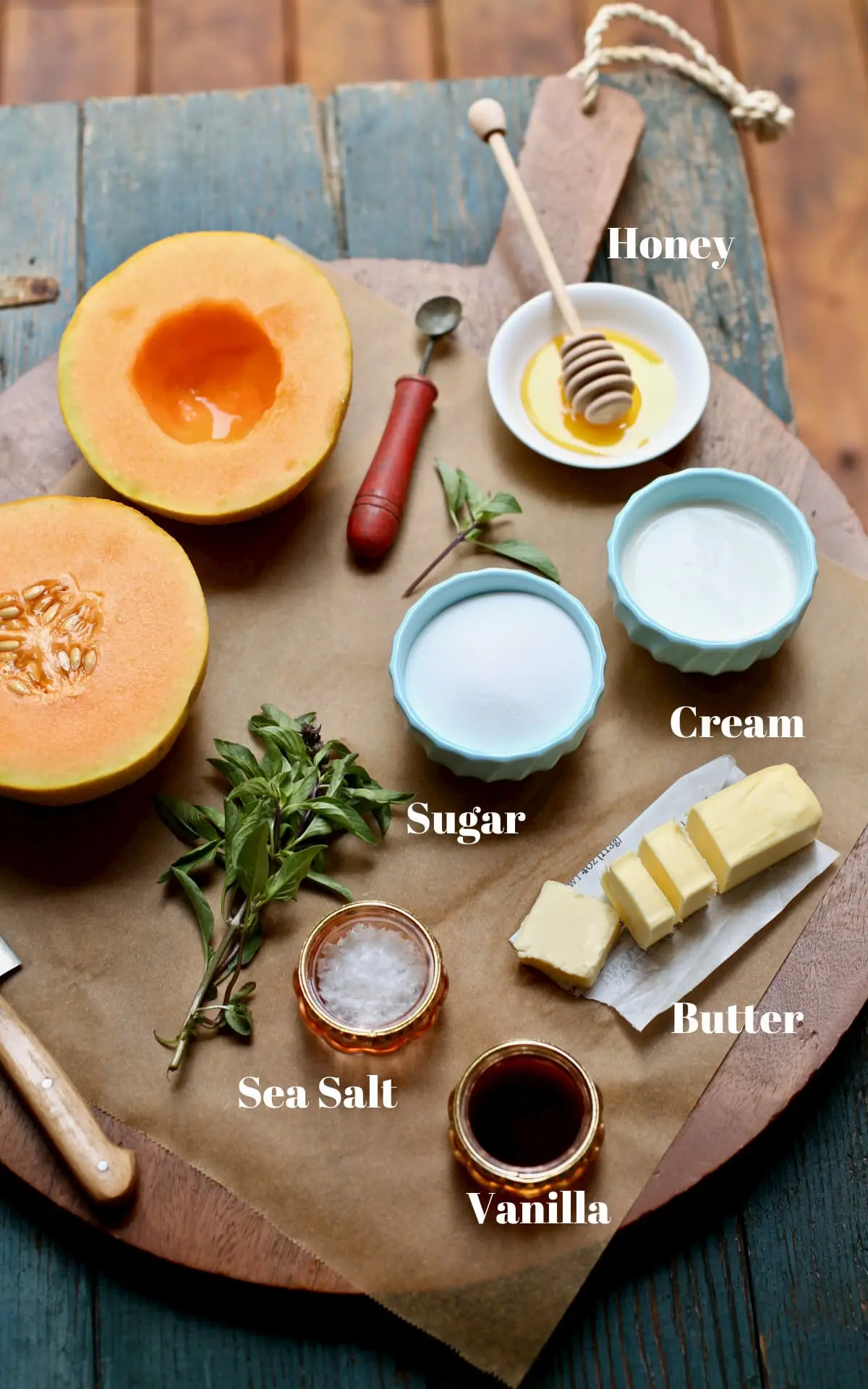 ingredients for caramel sauce on a wooden board 