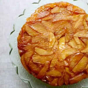 a square photo of a fresh apple cake recipe.