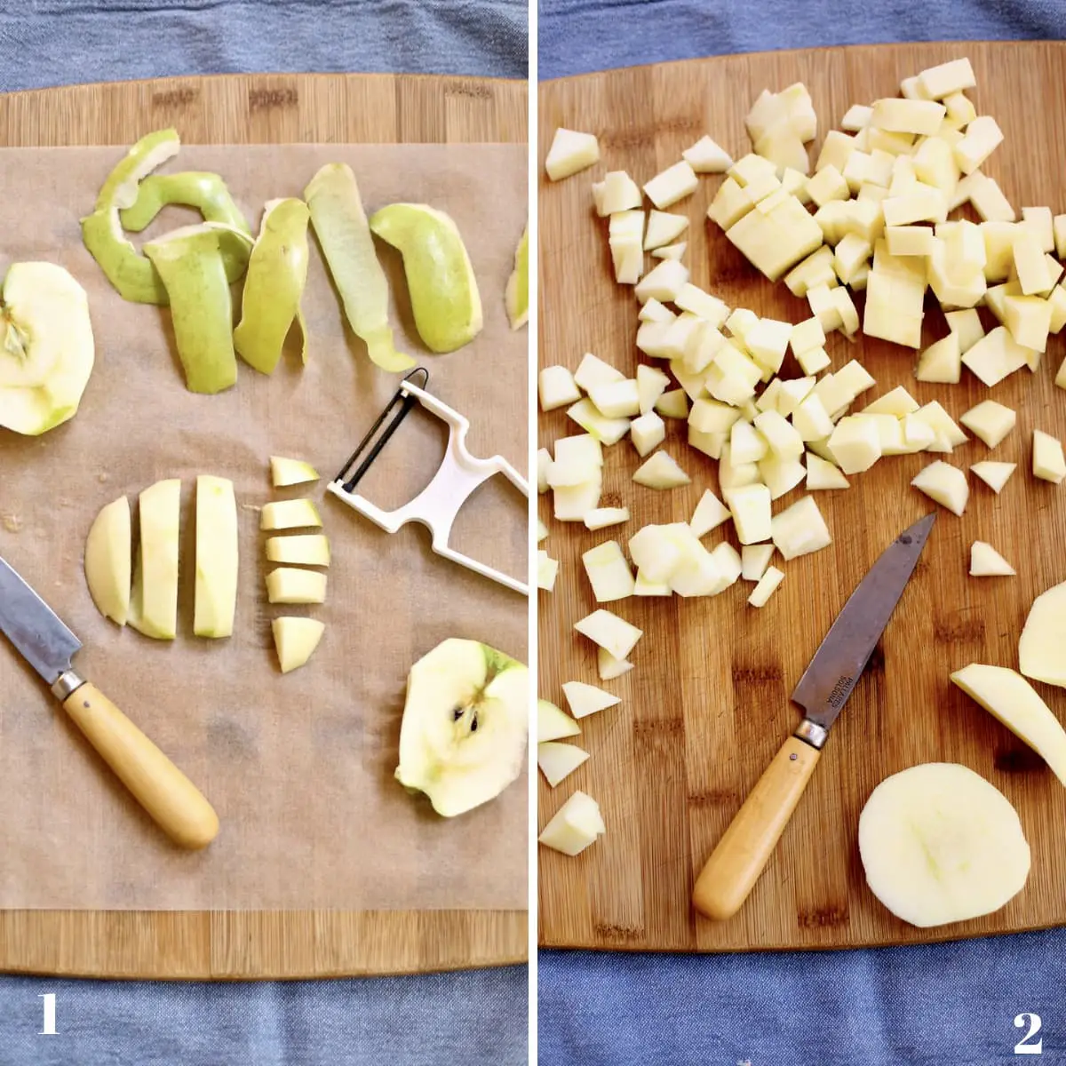 green apples in various stages of peeling and chopping