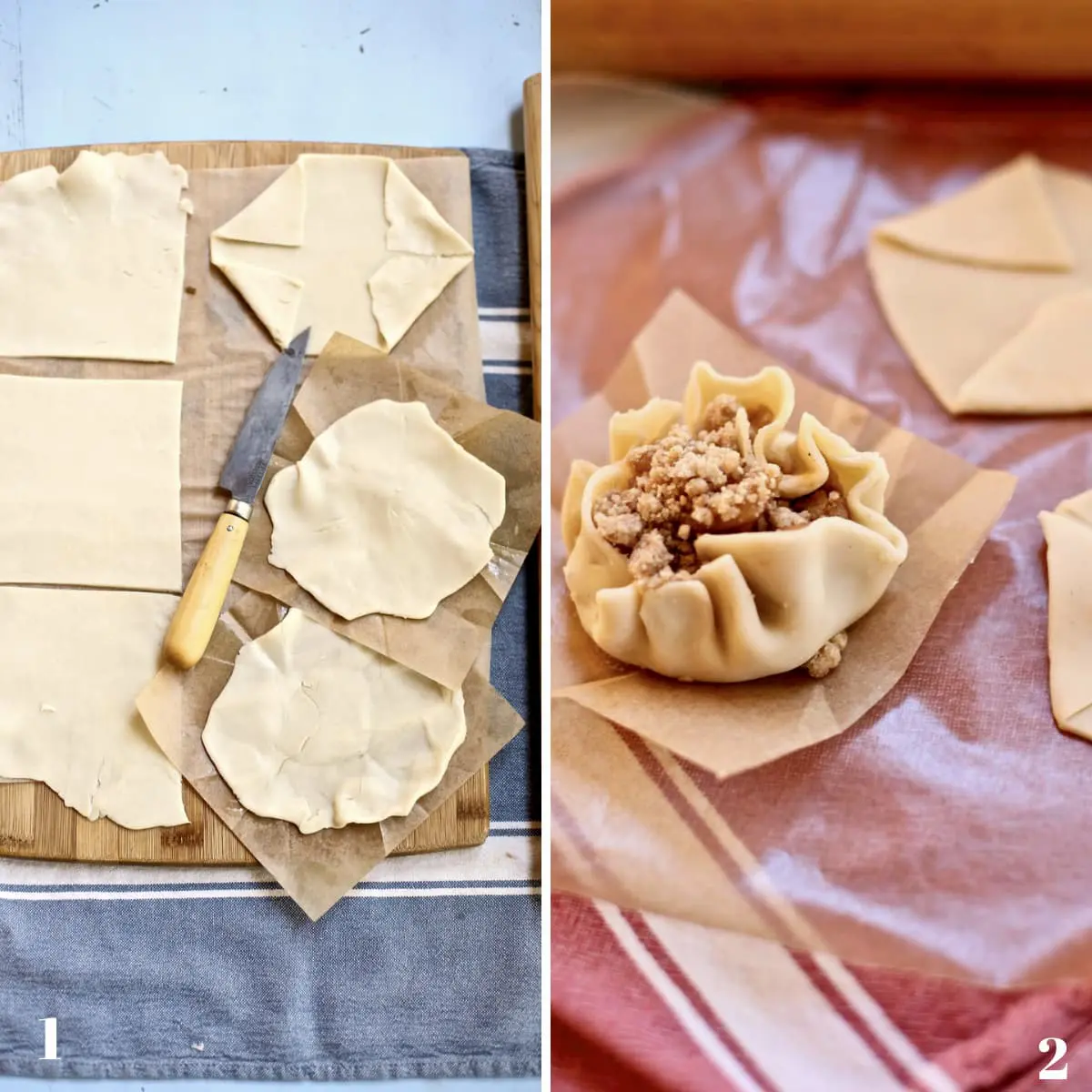 Before and after photos of pie crust and ready for the oven muffin tin pies