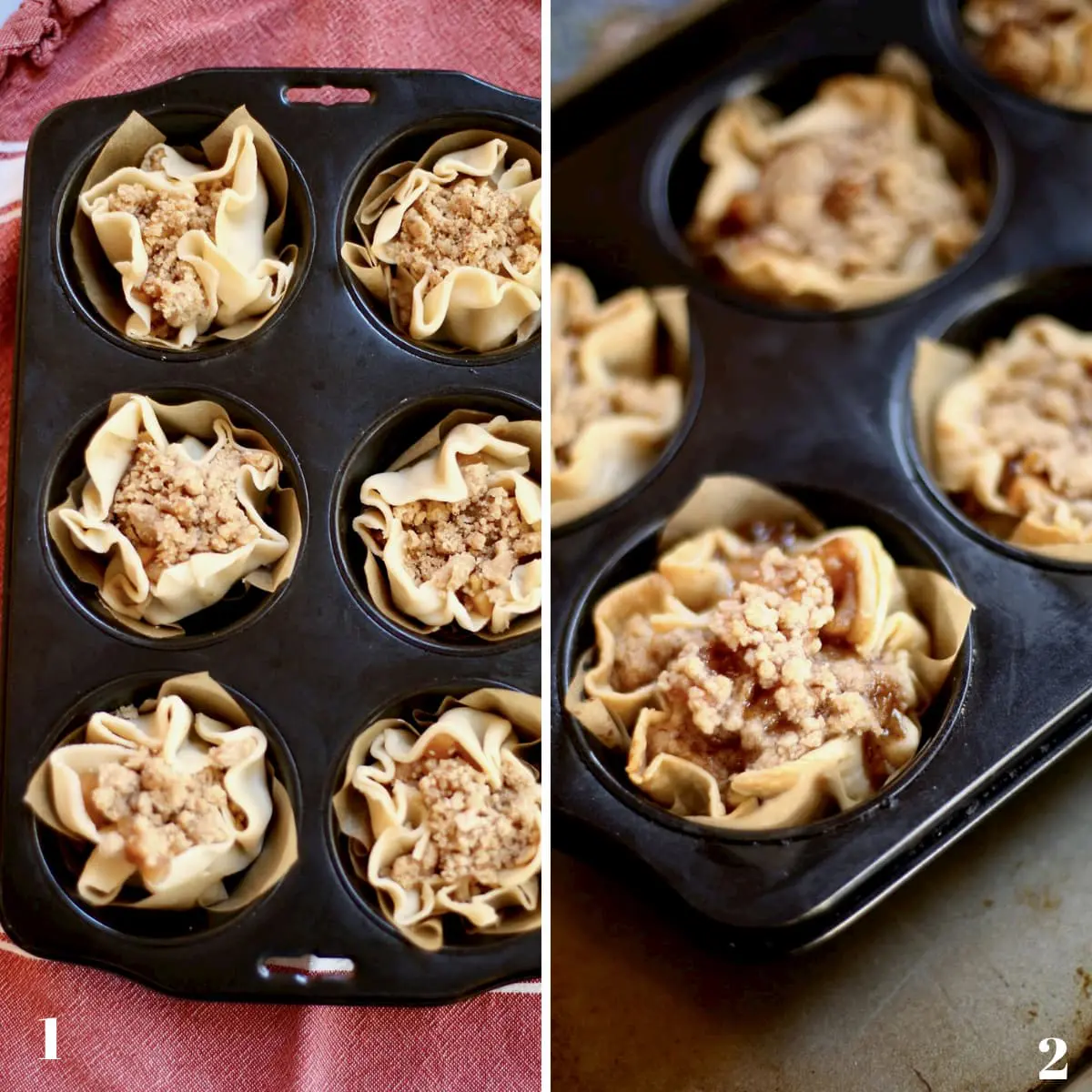 Before and after photos of uncooked and cooked muffin tin pies