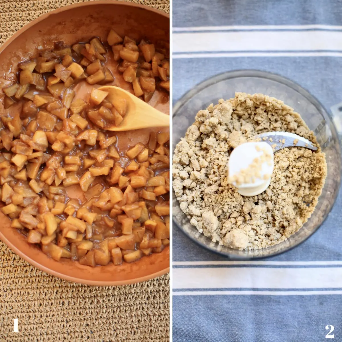 a skillet of cooked apples, a food processor full of crumb topping