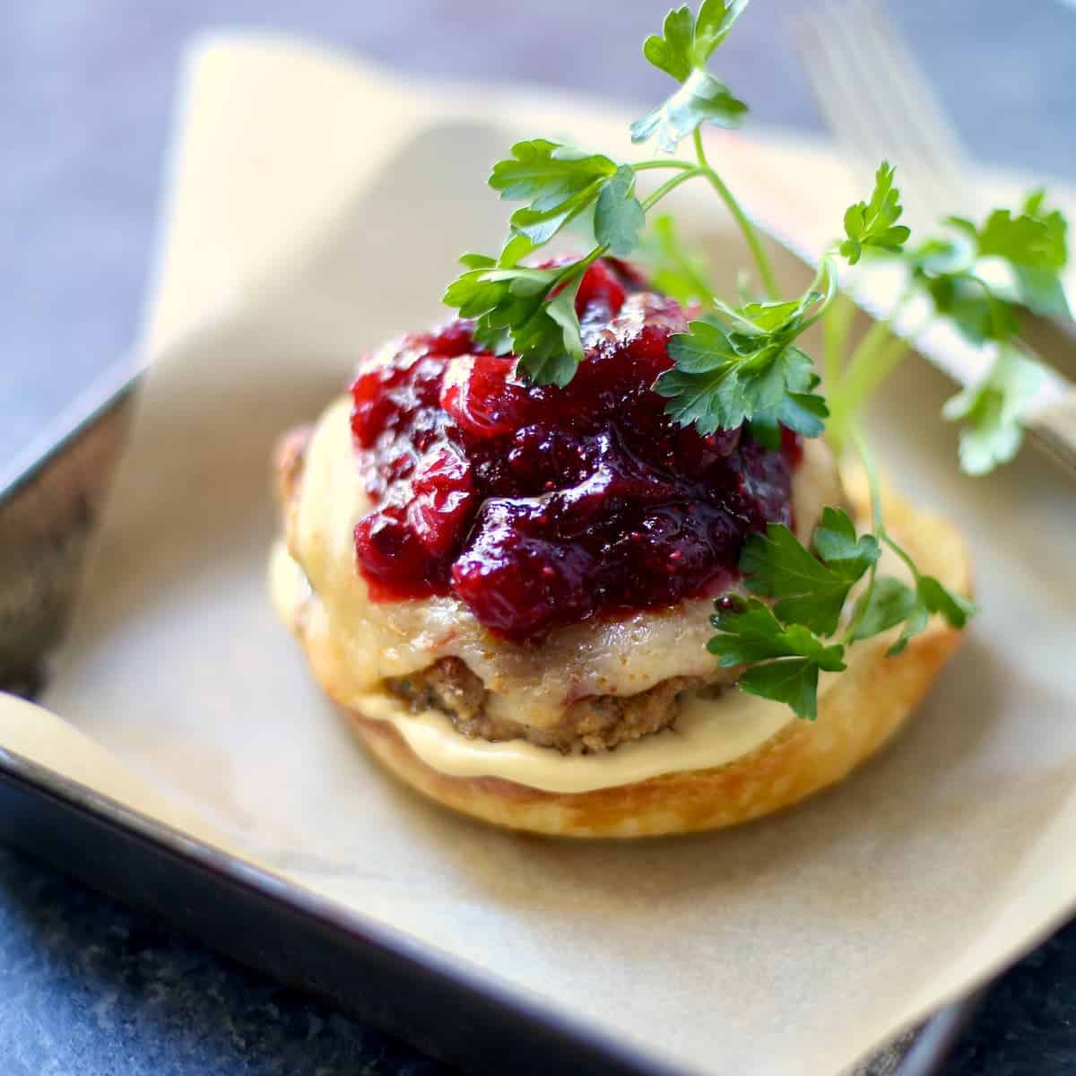 a square photo of a turkey burger with cranberry sauce.