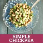 chickpea salad in a blue bowl on a blue table