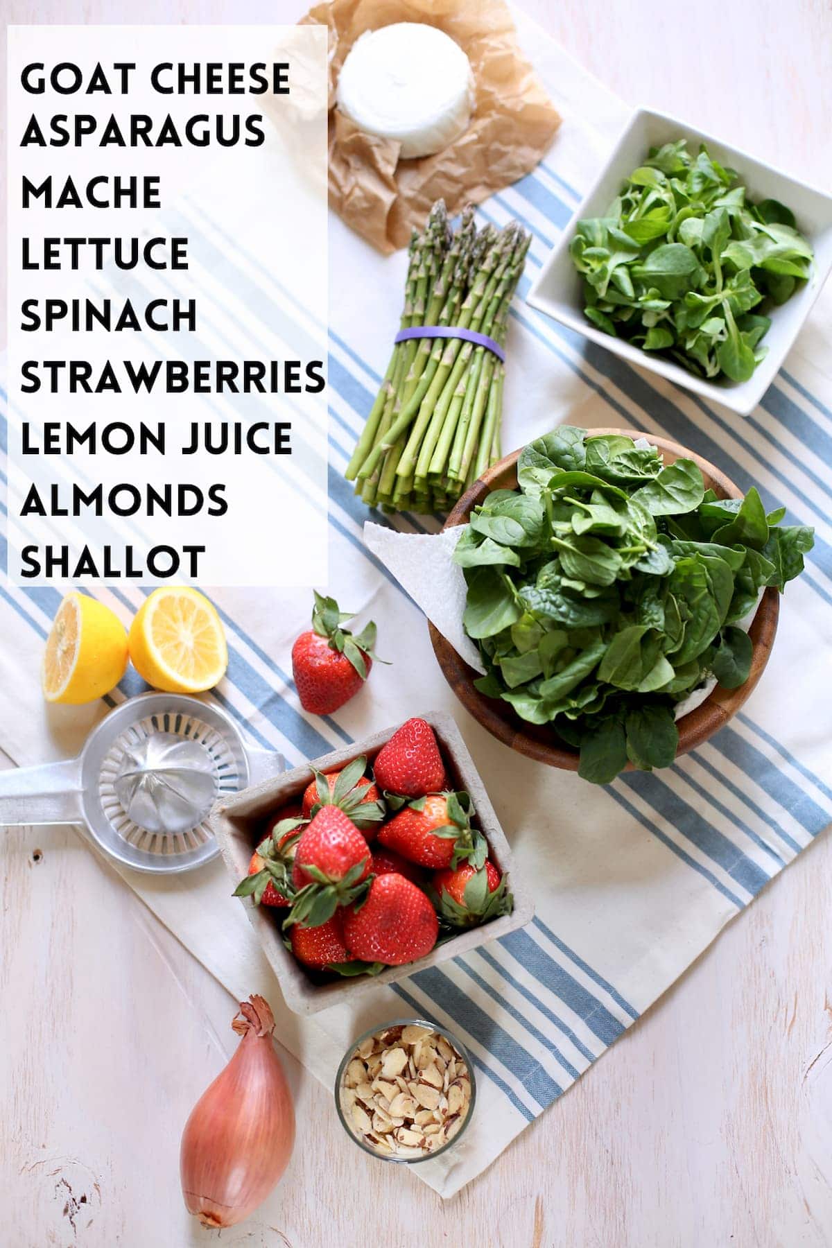 a list of ingredients and pictures of them, lettuce, strawberries, shallot, lemon, almonds, asparagus.