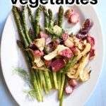 a white plate with roasted vegetables on it, and text overlay saying the recipe name.