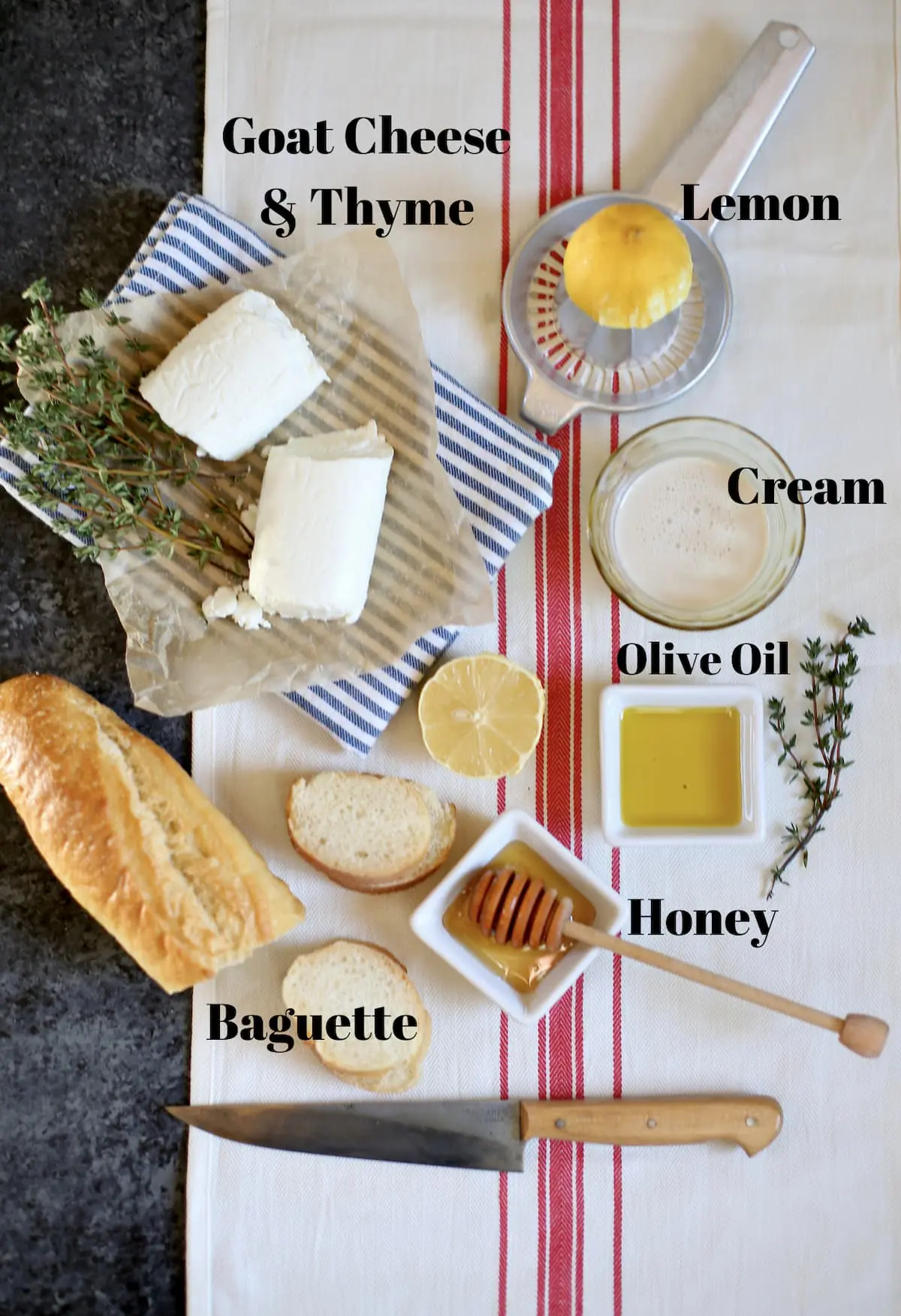 several ingredients that are laid out on a striped table and marked on the photo with text