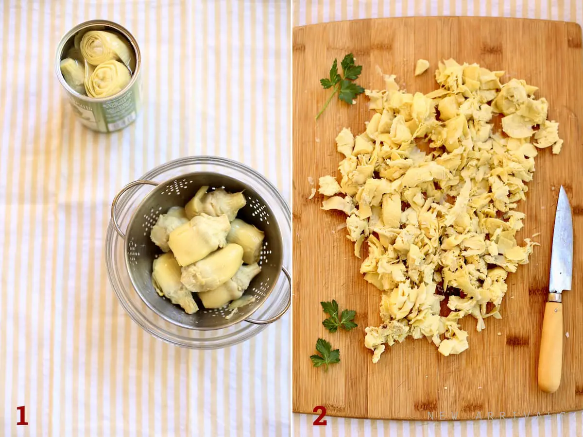 whole artichokes and then chopped artichoke hearts on a cutting board