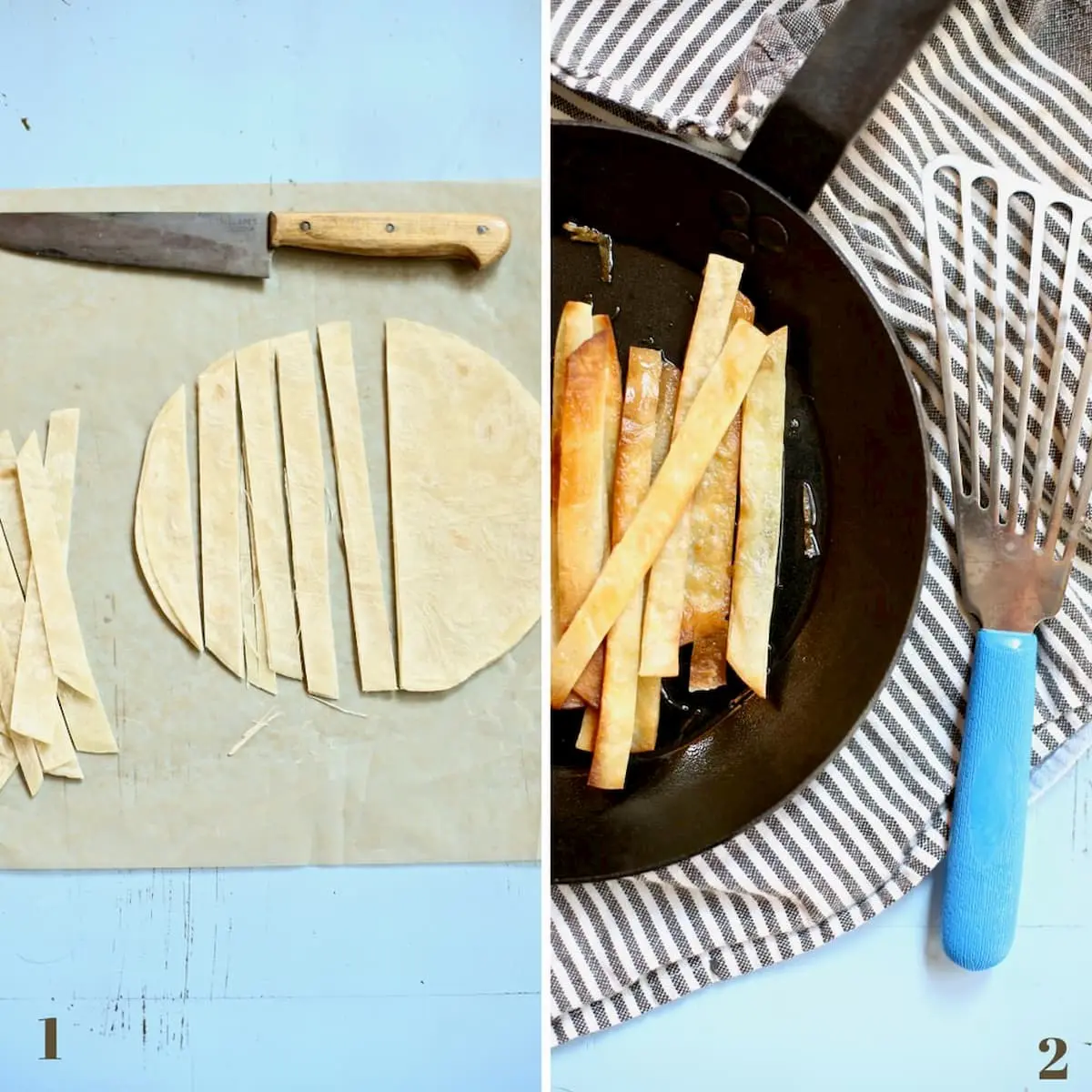 a side by side photo of two processes: cutting a tortilla with a knife and frying them in a pan