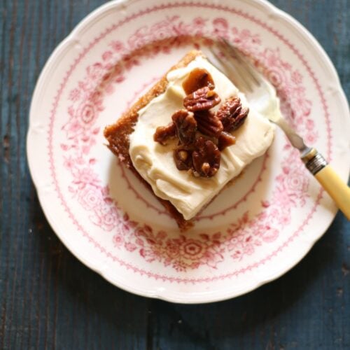 a piece of banana cake on a plate.