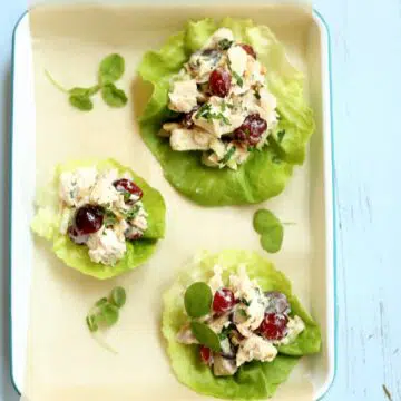 three lettuce leaves with chicken salad on them on a tray with blue background.