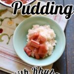 a blue bowl of rice pudding wih rhubarb with text overlay on top.